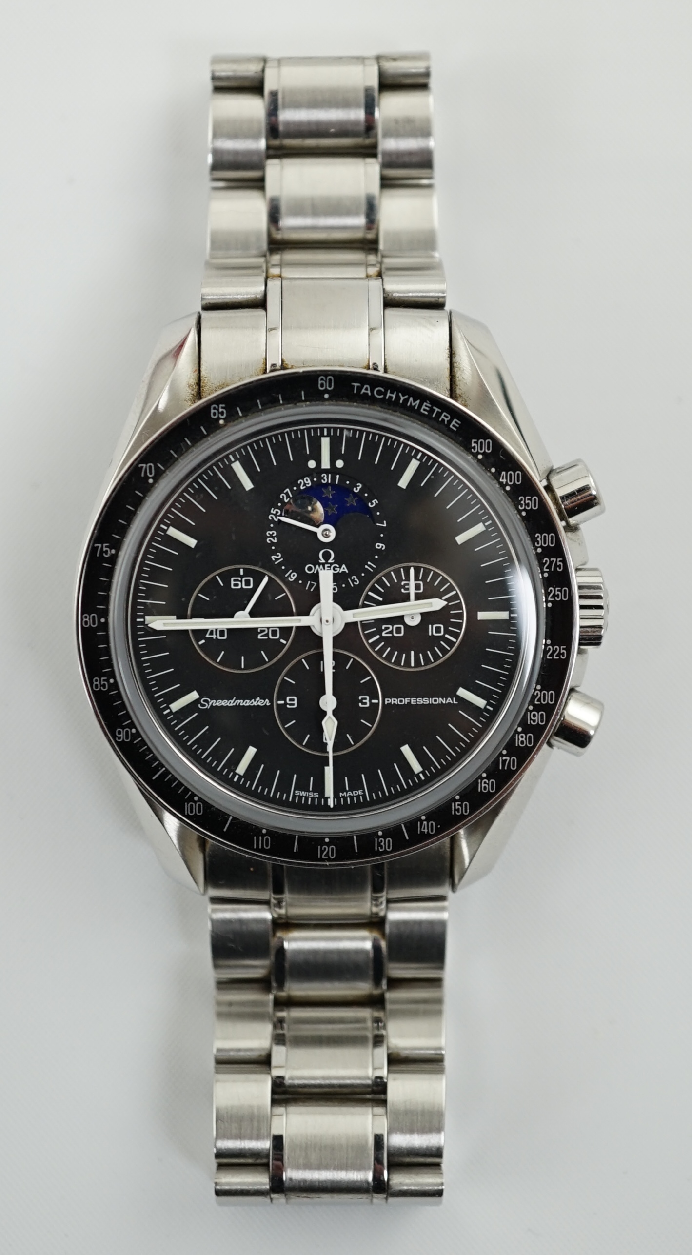 A gentleman's 2015 stainless steel Omega Speedmaster Professional automatic wrist watch, inscribed verso 'The first and only watch worn on the moon'